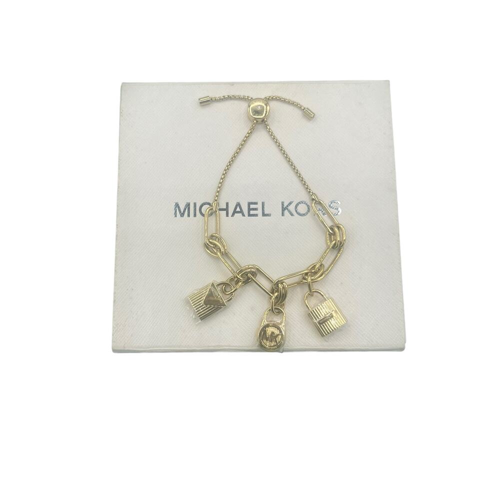 NEW MICHAEL KORS GOLD TONE CHAIN LINK,3 PADLOCK CHARMS BRACELET